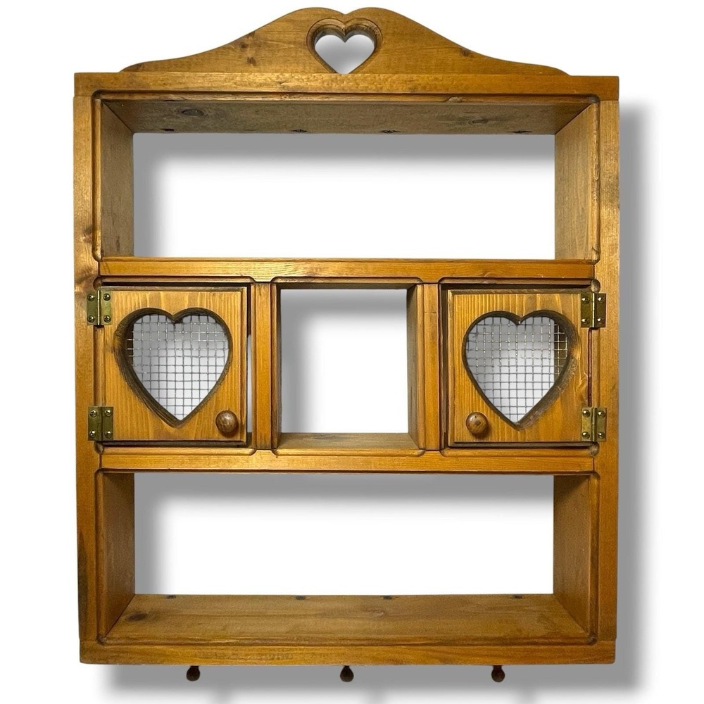 Cottagecore Rustic Primitive Wooden Heart Wall Cabinet Shelf Chicken Wire Doors